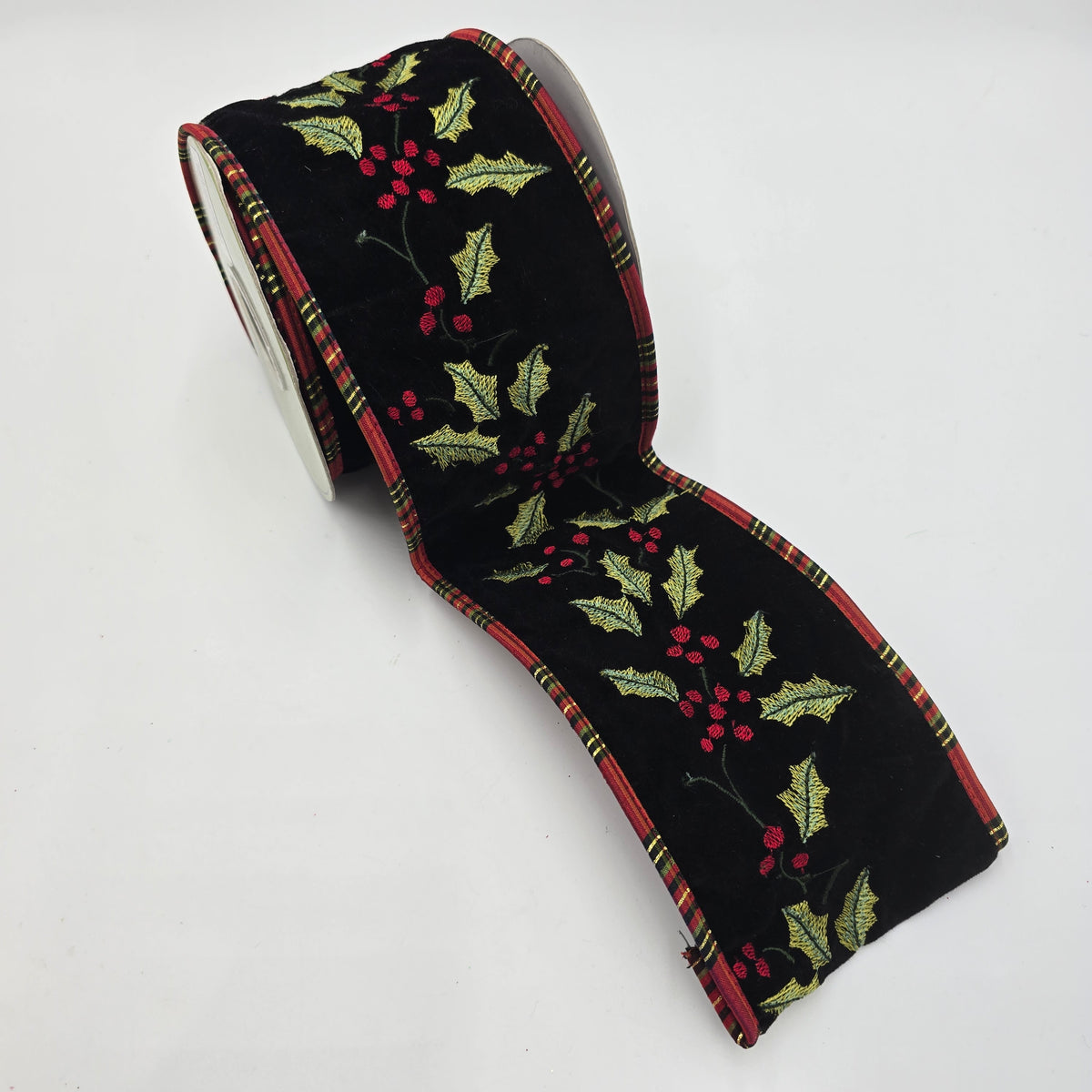 4&quot; Holly/Berry/Plaid Embroidered Ribbon--#rw2299