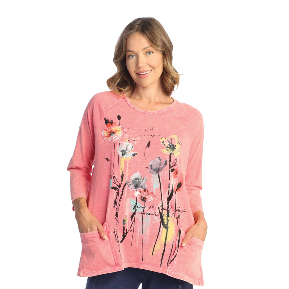 Jess & Jane "SIERRA" Mineral Washed Patch Pocket Tunic Top in Coral - #M12-1820