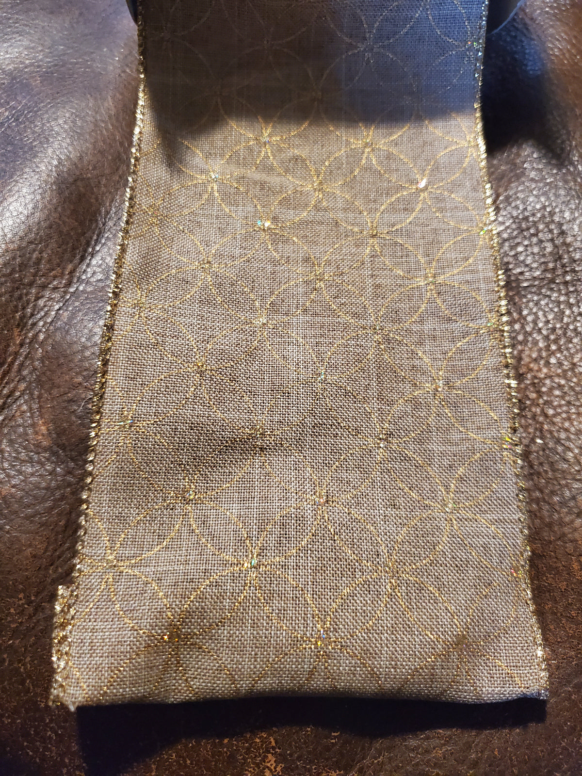 Linen Ribbon with Gold Pattern--4&quot;