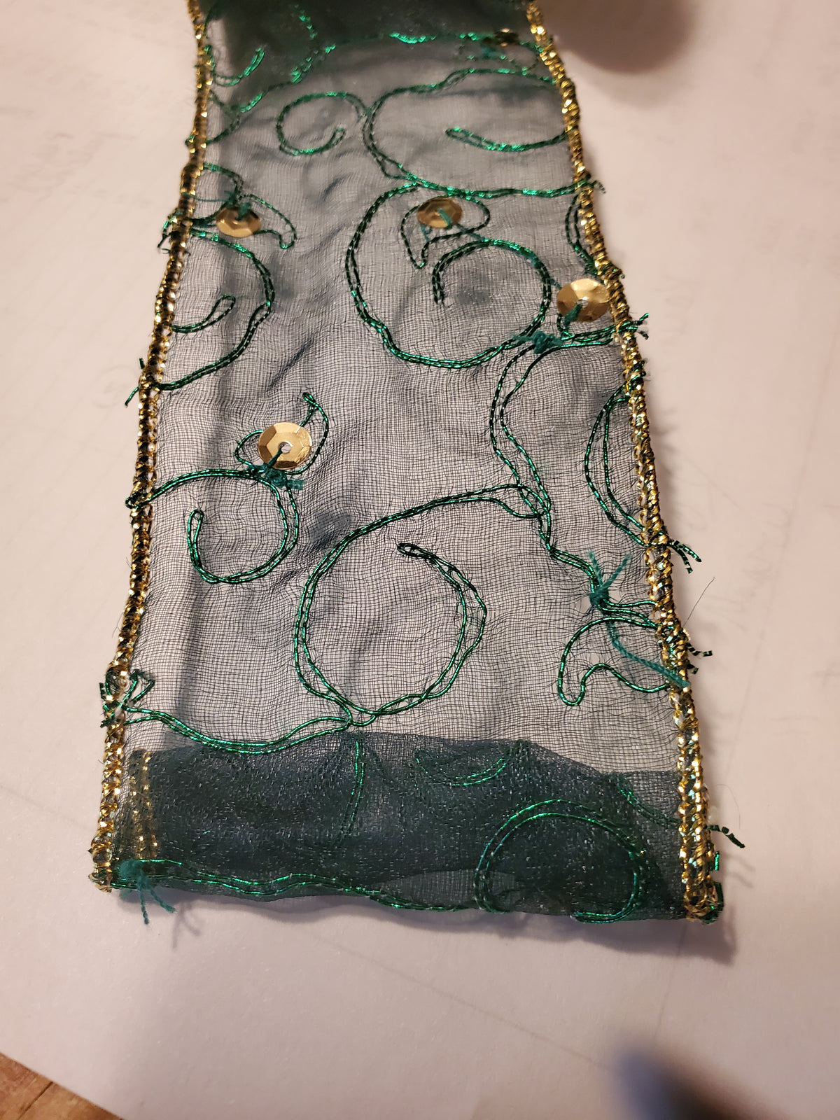 Green Sheer Embroidered/Sequin Ribbon--2.5&quot; wide #xa7724