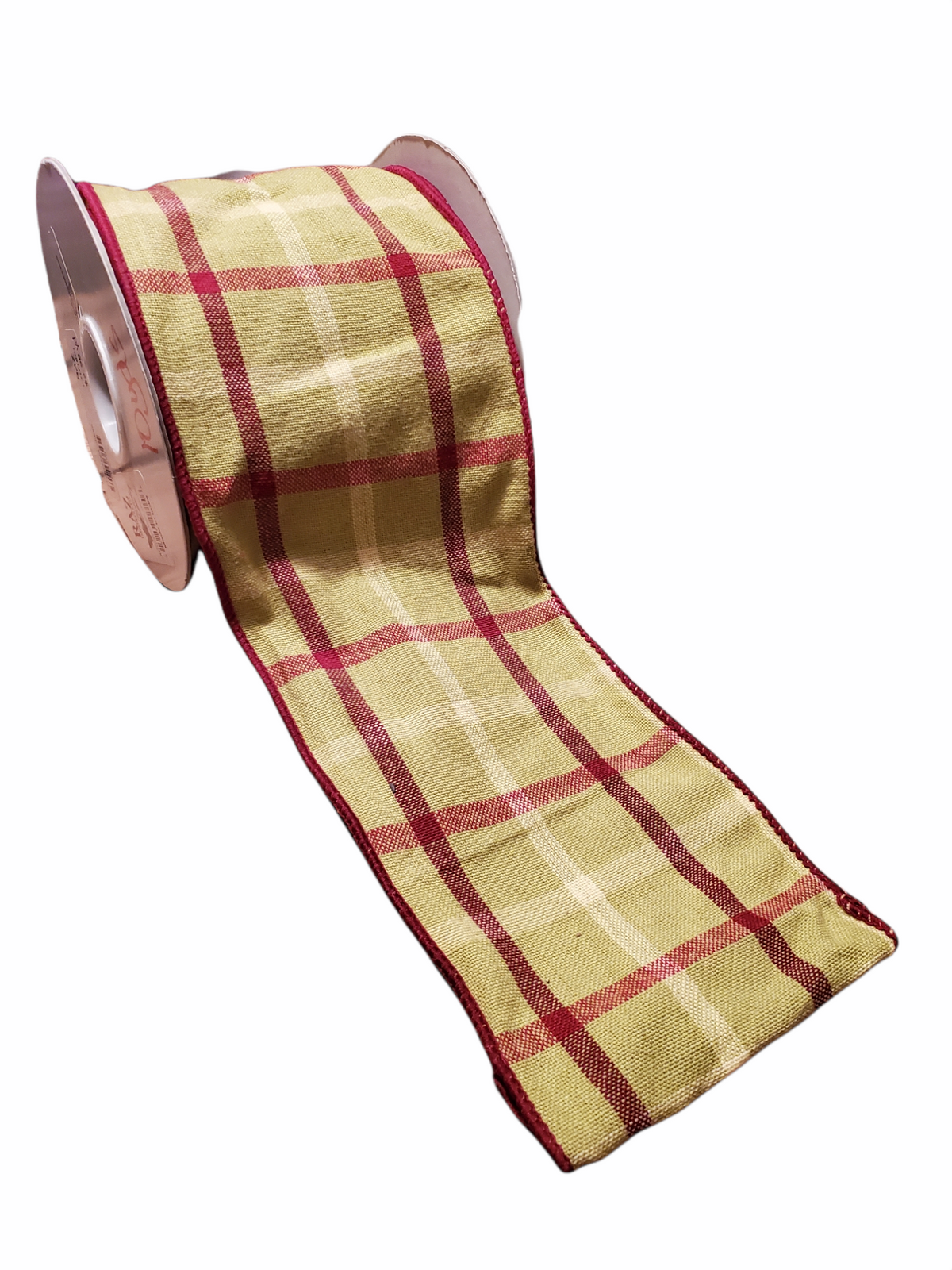 Lime Green, Deep Red &amp; Cream Plaid Ribbon--4&quot; wide