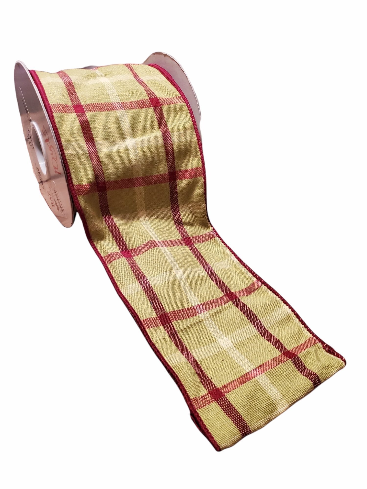 Lime Green, Deep Red & Cream Plaid Ribbon--4" wide